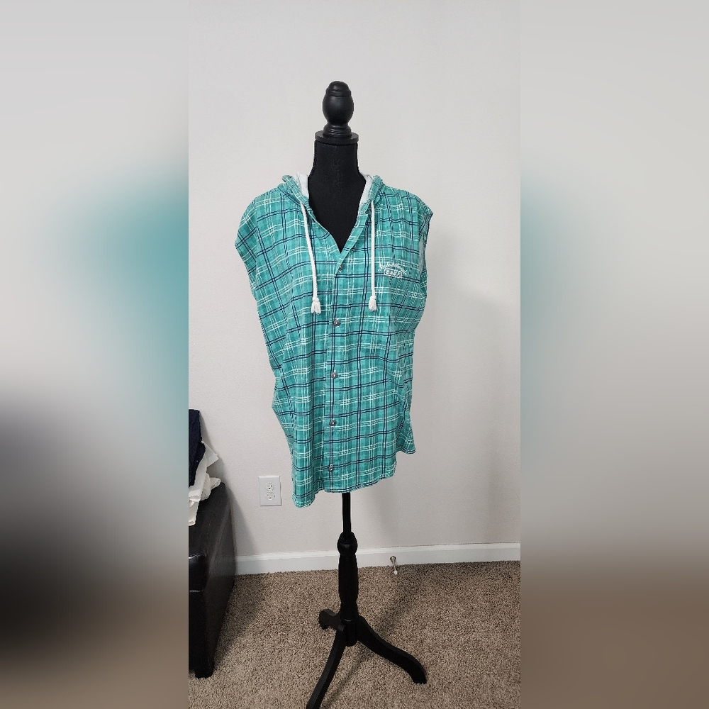 Vintage - Turquoise Plaid Sleeveless Hoodie Shirt